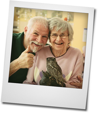 Mann und ältere Dame mit kleiner Eule auf der Hand